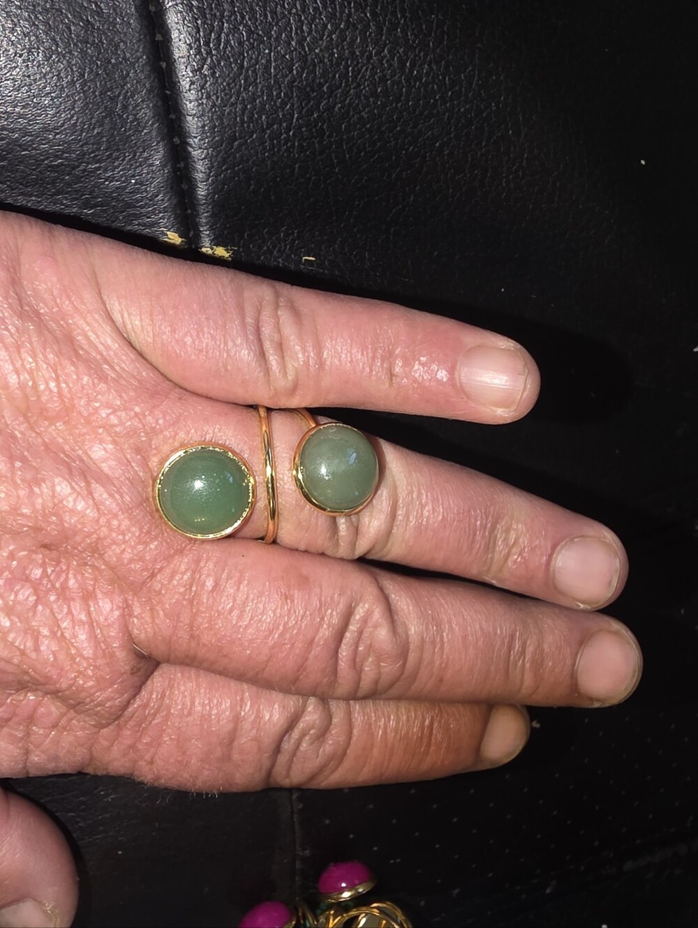 Double Green Jade Cabochon On Open Adjustable Ring In Gold Tone